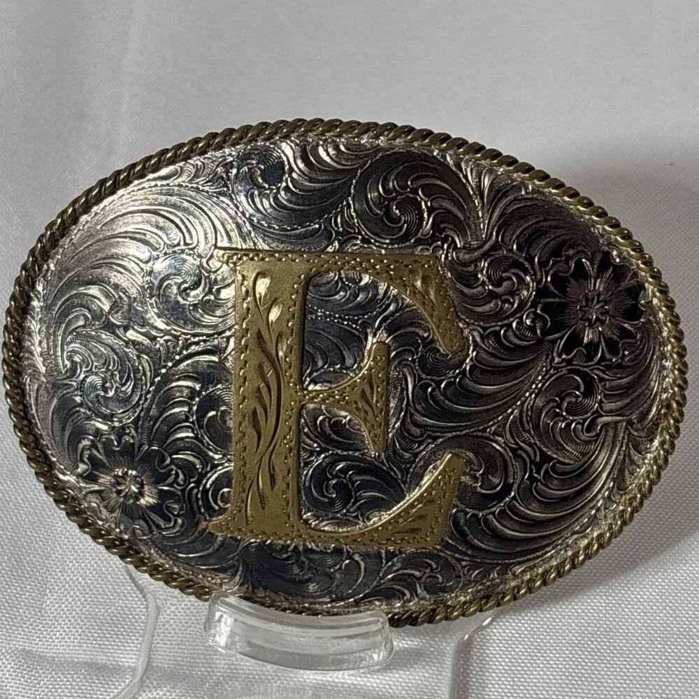 Vintage ADM Silversmith Collection Belt Buckle Letter E Silver Plated 4”x3”